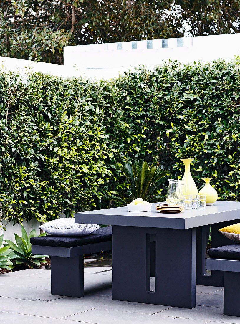 Modern gray furniture on the terrace with hedge and wall