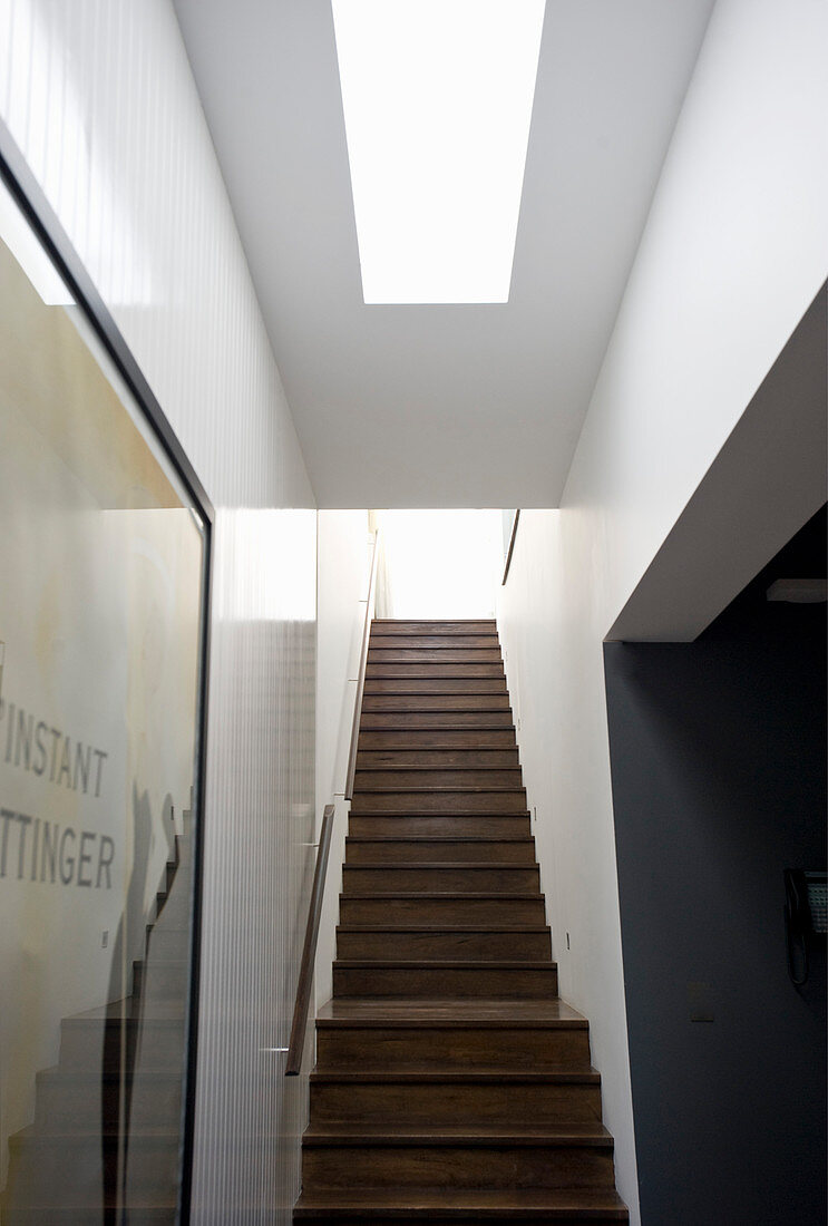 Dark wooden treads and skylight in stairwell