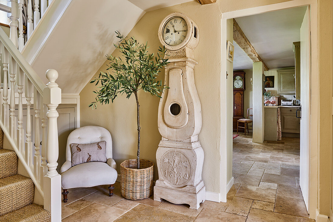 Antique longcase clock, olive tree and easy hair in stairwell