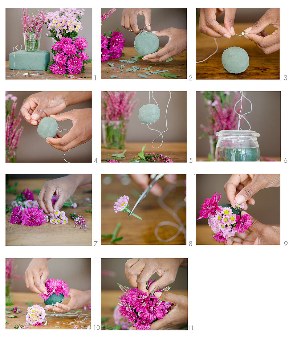 Instructions for making flower balls made from chrysanthemums and heather