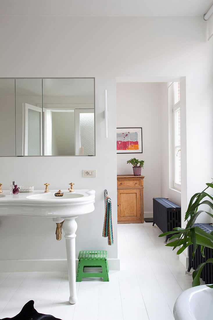 Vintage double sink in bathroom with two partitioned areas