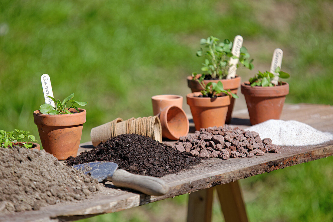 Pot table with soil, drainage, sand and clay pots