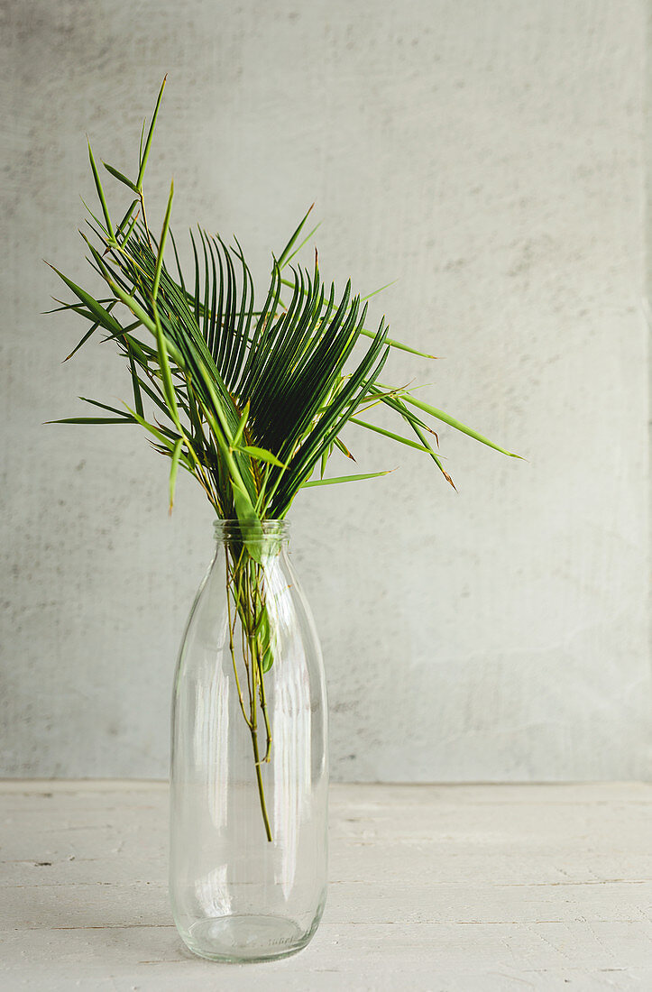 Palm leaves and bamboo stem in glass bottle