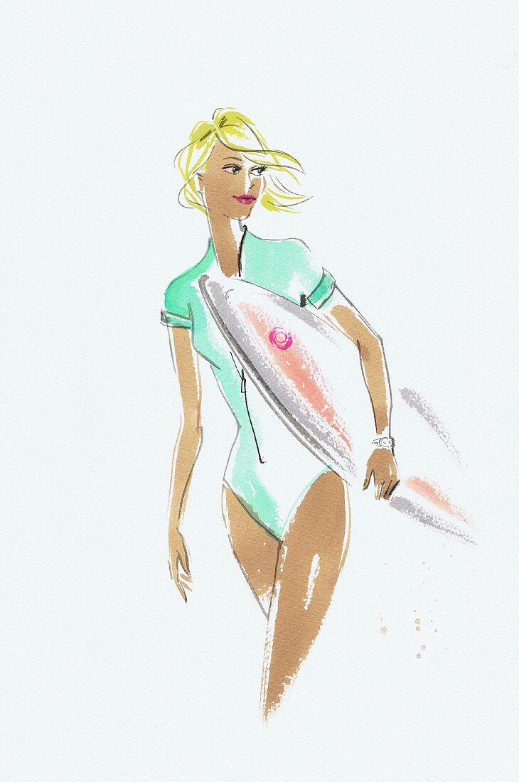 Junge Frau trägt ein Surfbrett