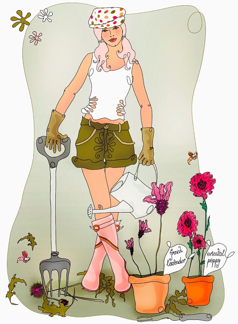 Young woman gardening with garden fork and watering can