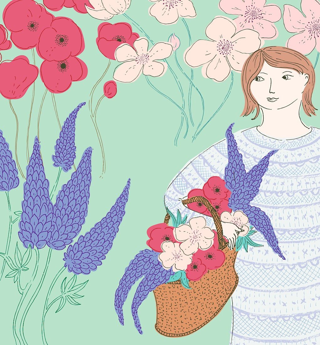 Frau im Garten mit einem Blumenkorb