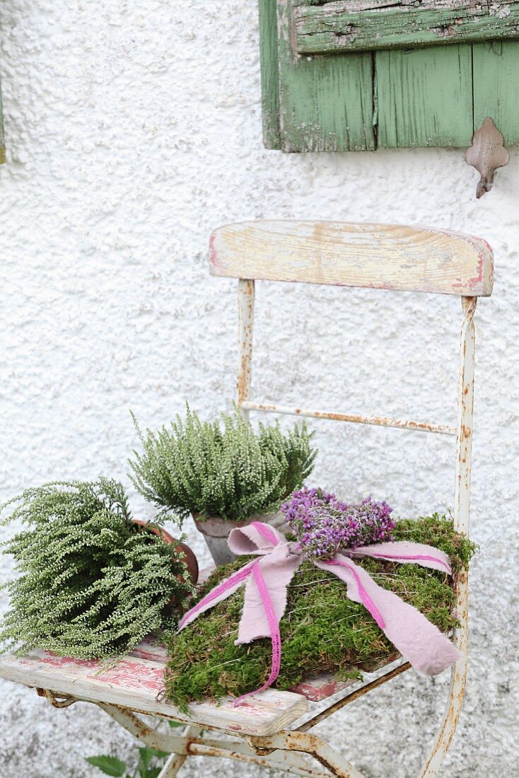 Romantic moss cushion and heather on vintage garden chair