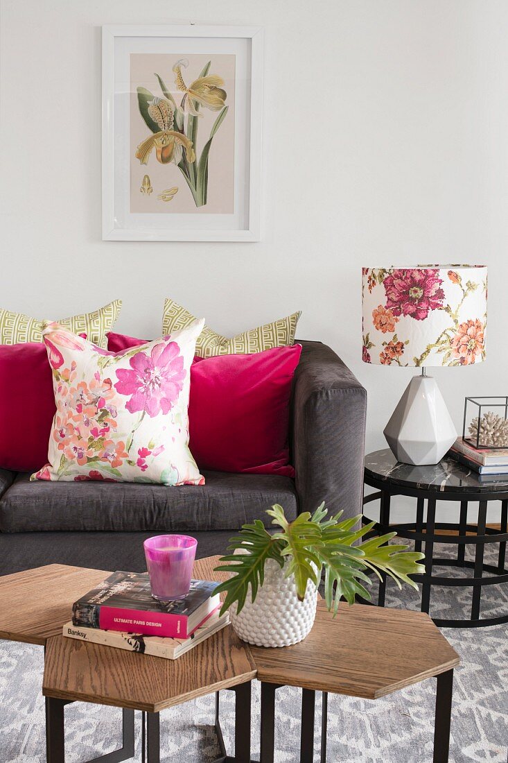 Pink and floral accents in living room