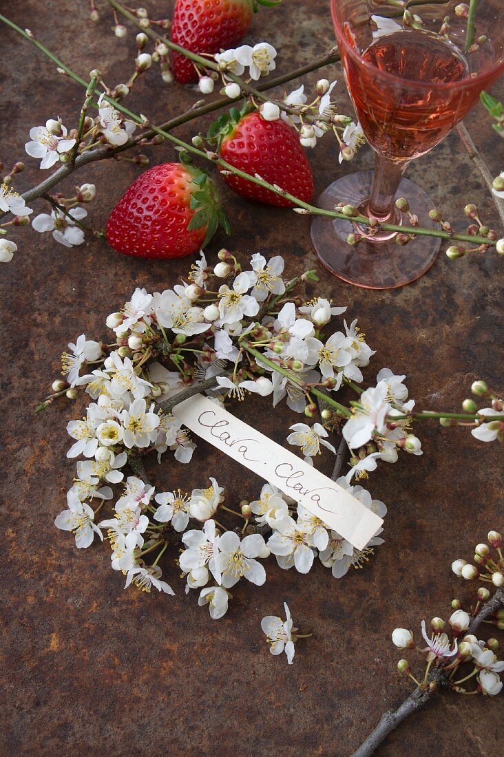 Wreath of blackthorn flowers with hand-written label