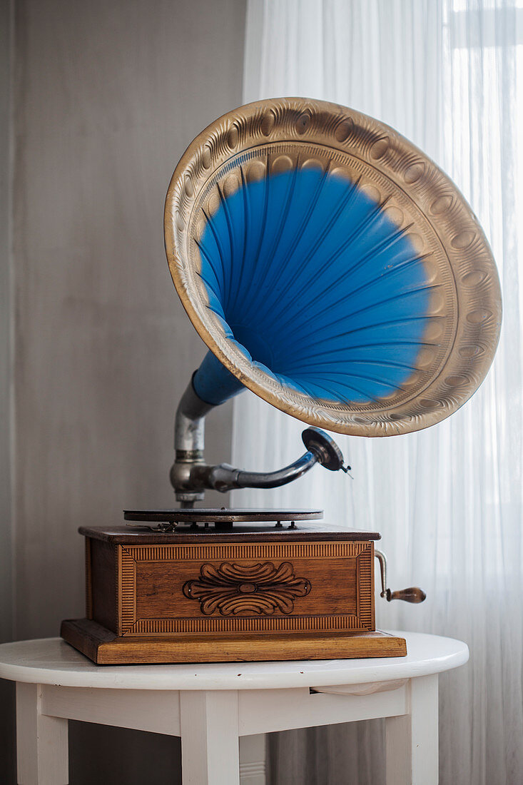 Old gramophone with blue and gold horn