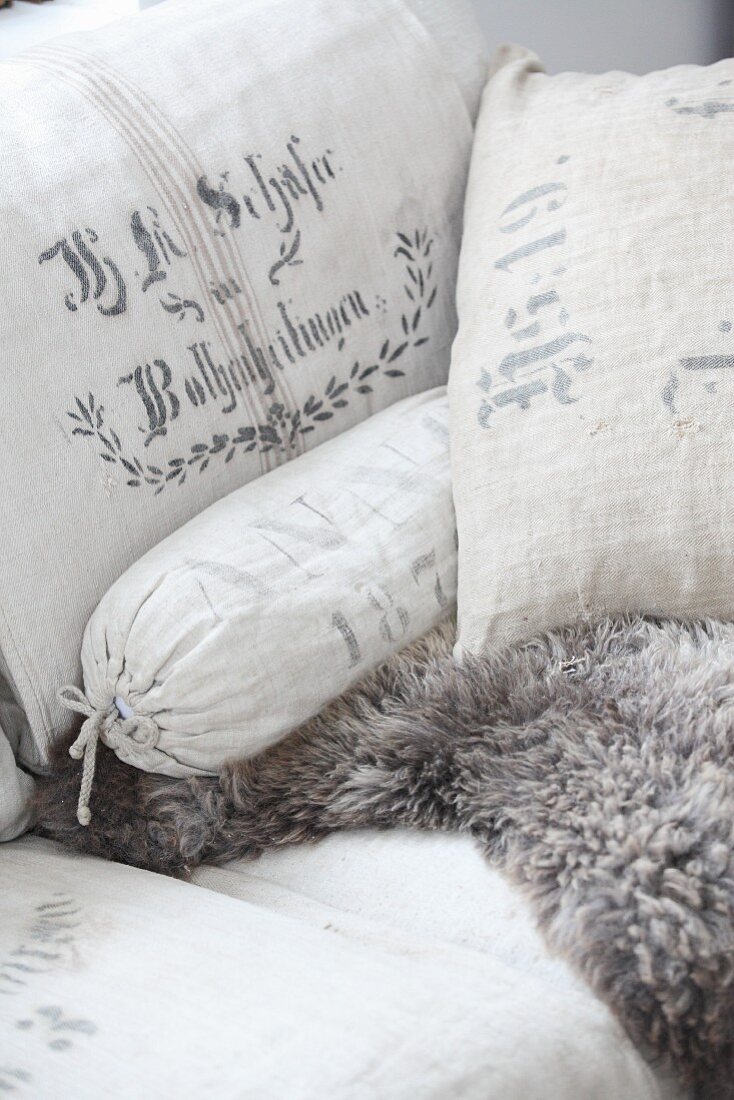 Cushions and bolster made from old flour sacks