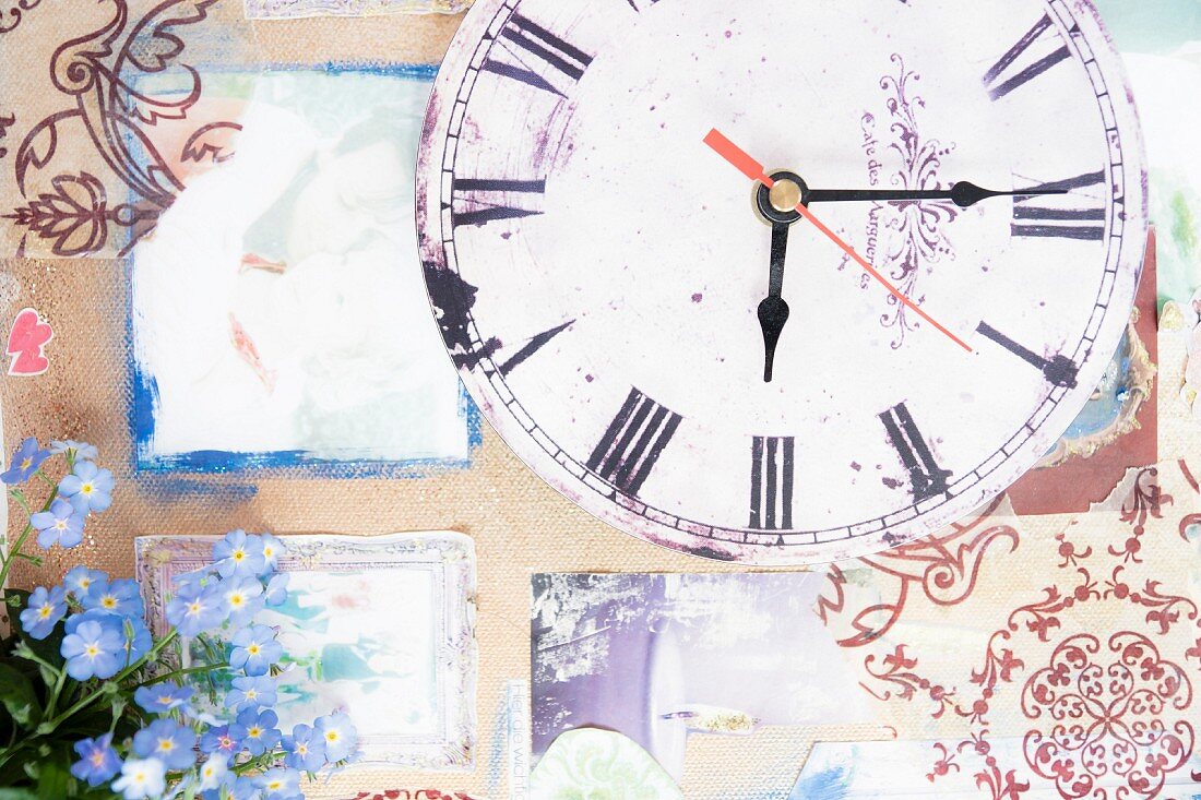 Collage of forget-me-nots and clock face