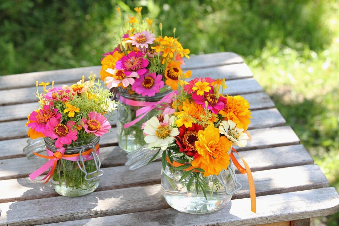 Colourful posies of zinnias and tagetes on rustic garden table