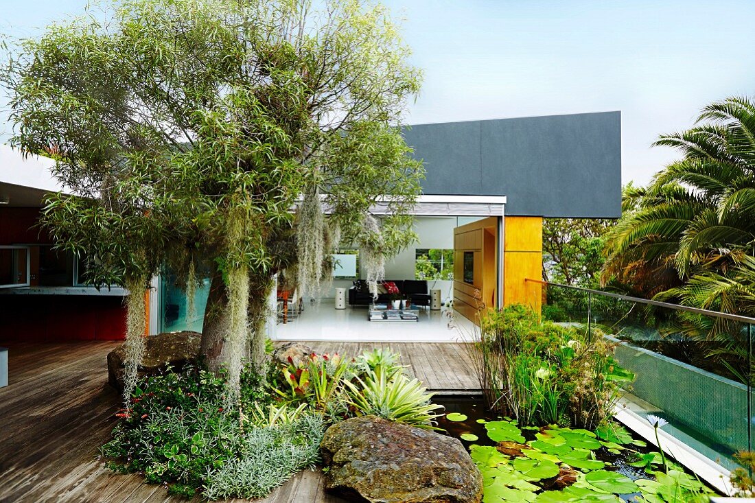 Bepflanzte Holzterrasse mit Teich und Glasbalustrade, im Hintergrund Blick in offenes Wohnzimmer