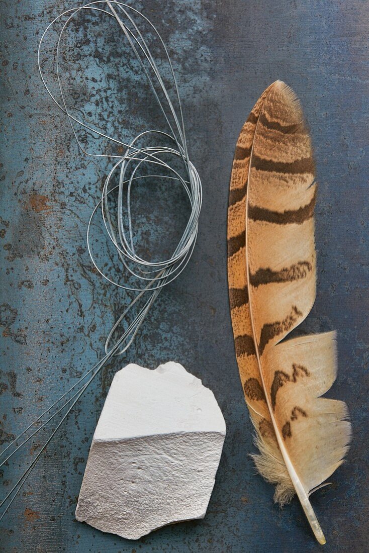 Decorative items: feather, wire and chunk of chalk