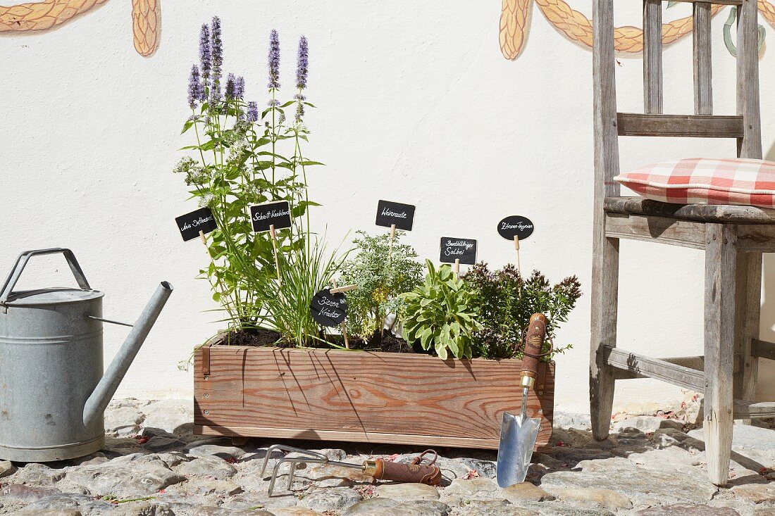 Herbs planted in wooden crate with plant labels