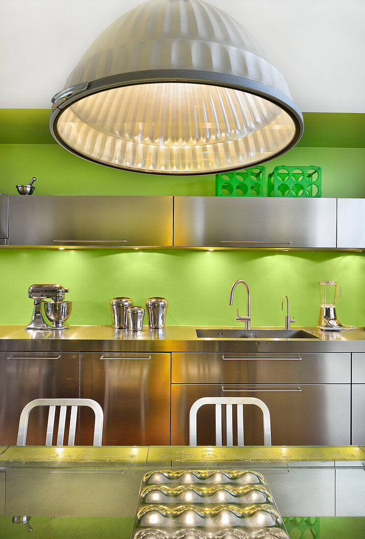 12311846 Metal Ceiling Lamp In Stainless Steel Kitchen With Bright Green Wall 