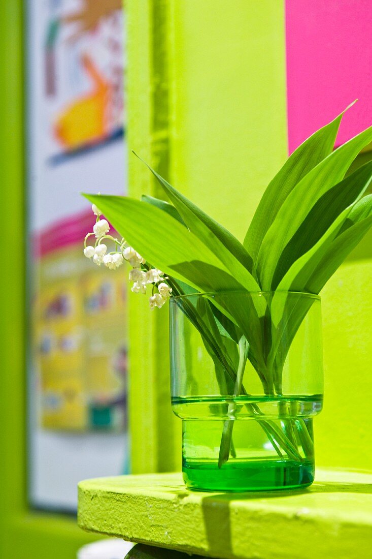 Lily-of-the-valley in green glass vase against bright green wall