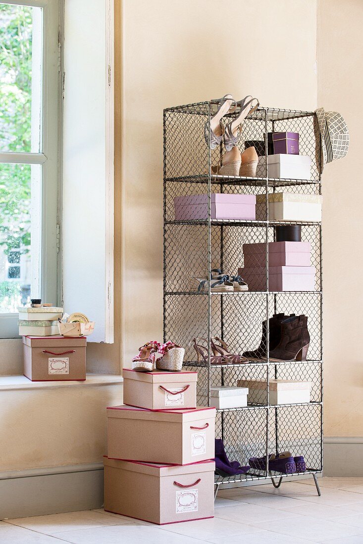 Various lady's shoes on shoe rack and stacked shoeboxes