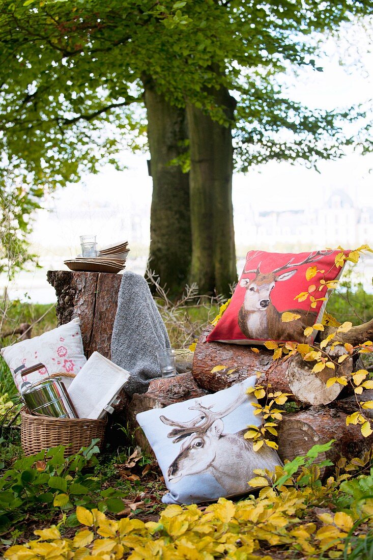 Herbstliches Picknick im Wald mit Hirschmotiv-Kissen