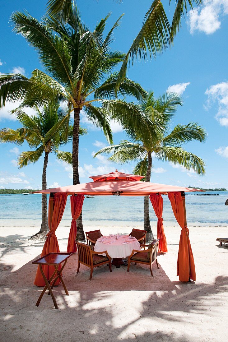 Eleganter Essplatz am Palmenstrand unter orangefarbenem Stoff-Pavillon und blauem Himmel