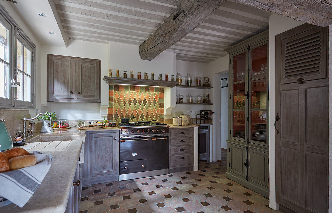 Country-house kitchen with wood-beamed ceiling