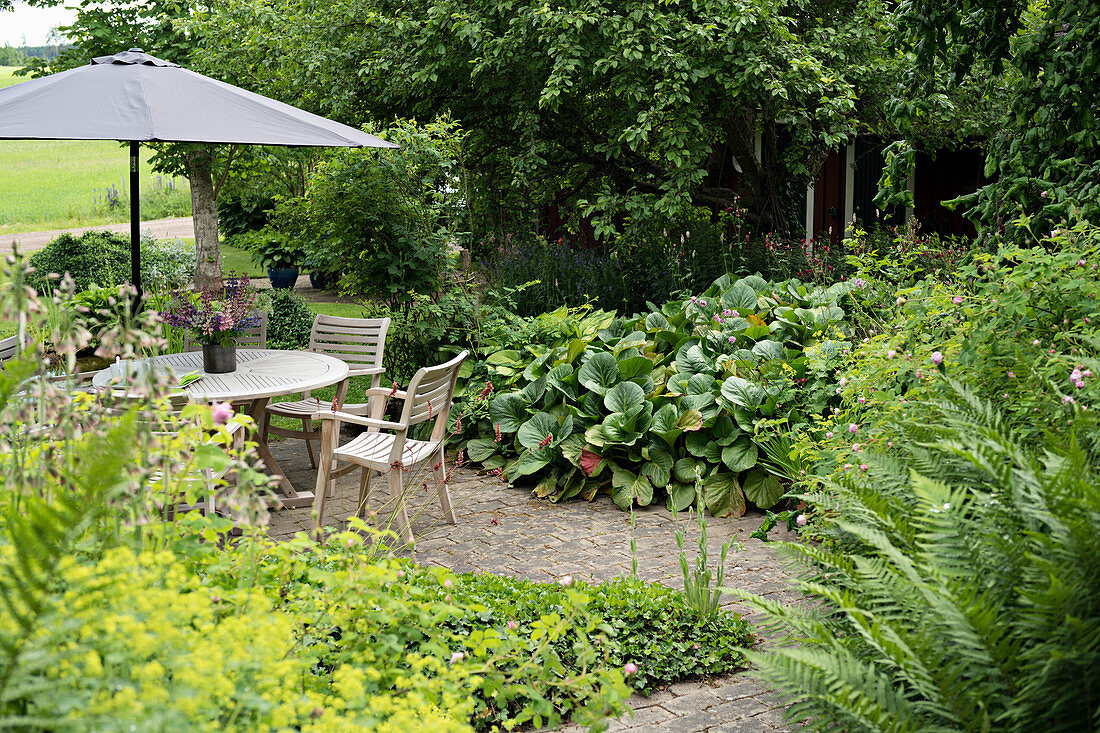 Paved path leading to round table, chairs and parasol on terrace in densely planted garden