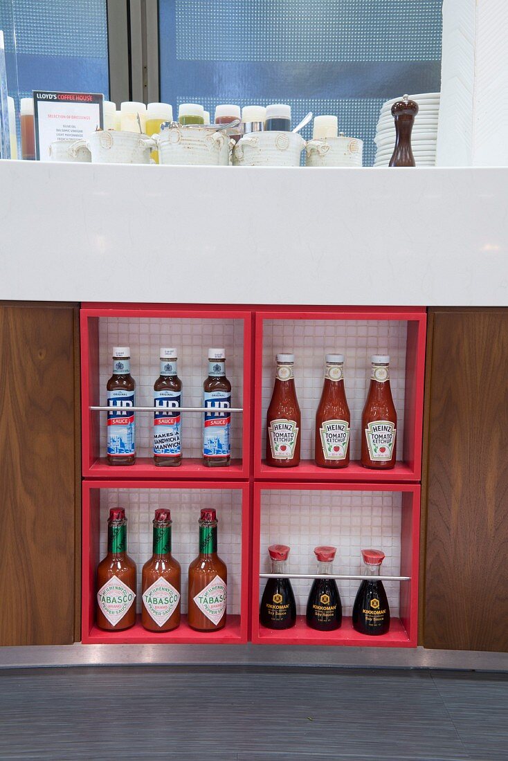 Various bottles of sauce in four square shelf compartments