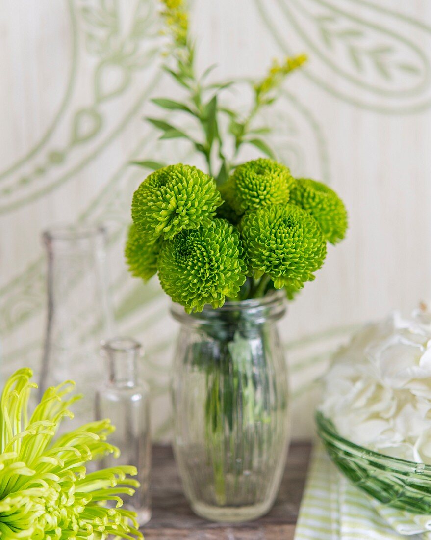 Glass vase of green dahlias