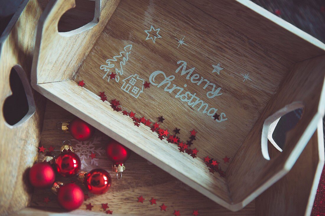Wooden trays and Christmas baubles