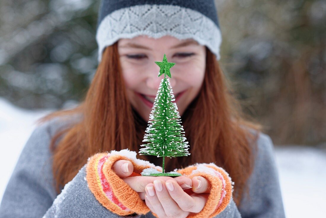 Girl holding little Christmas tree
