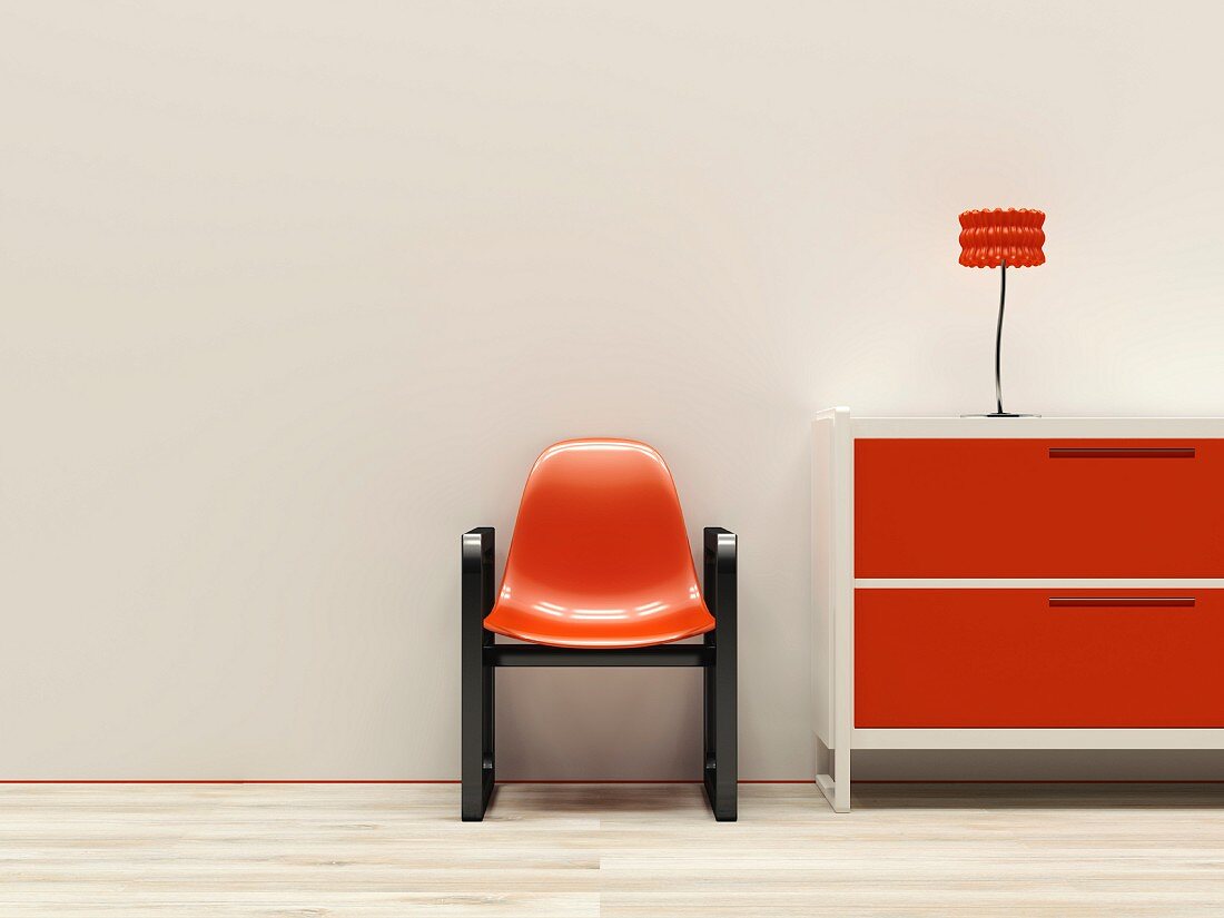 Retro interior with red furnishings, 3D rendering