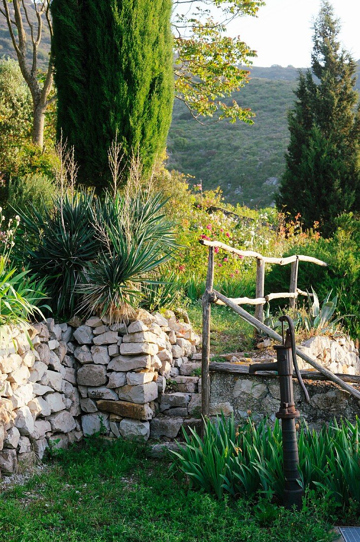 Wasserpumpe im mediterranen Garten mit Steinmauer