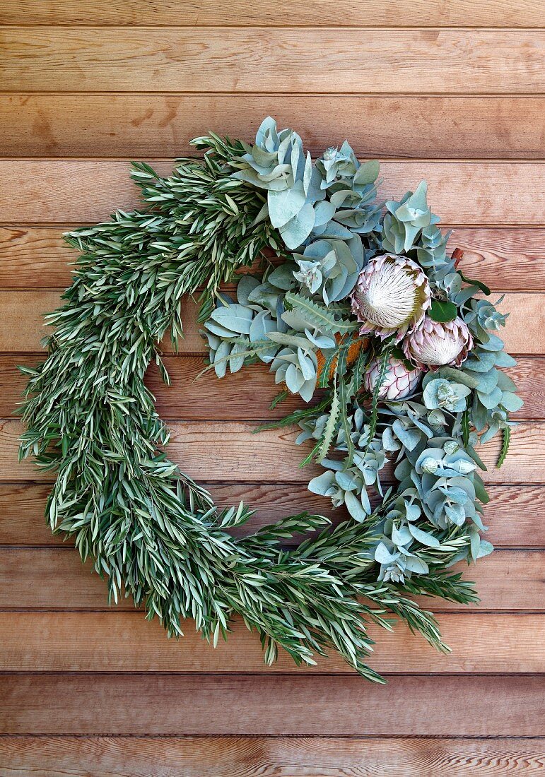 Wreath of olive branches, eucalyptus and protea