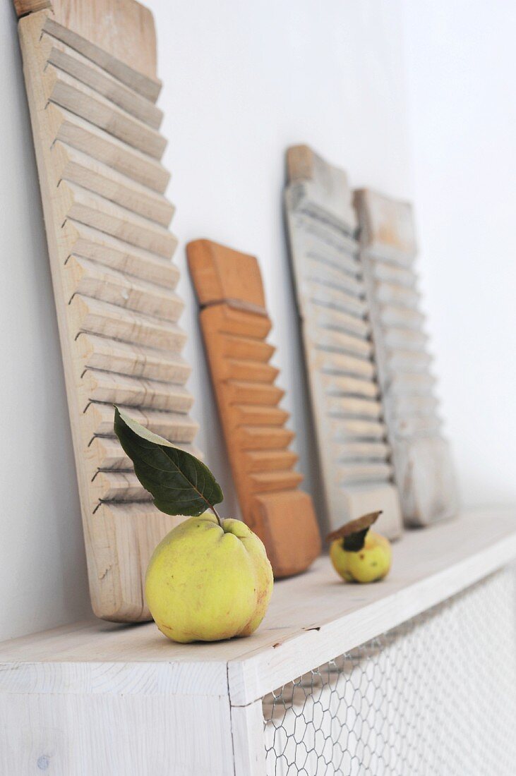 Aufgestellte Holzkunst neben Früchten auf Heizkörperverkleidung mit Drahtgitter