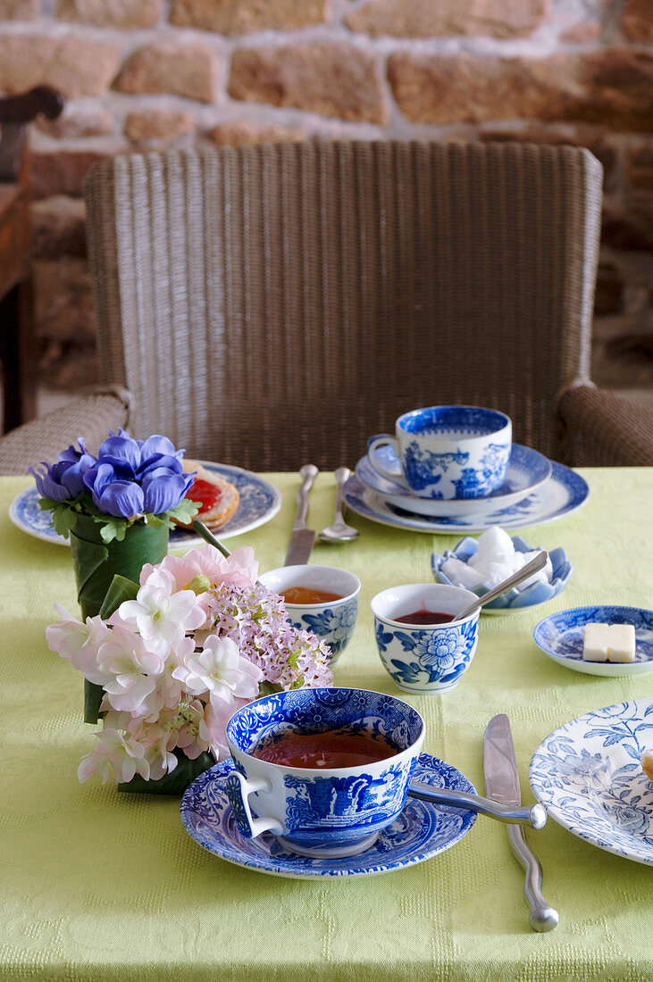 Breakfast table set with Chinese crockery