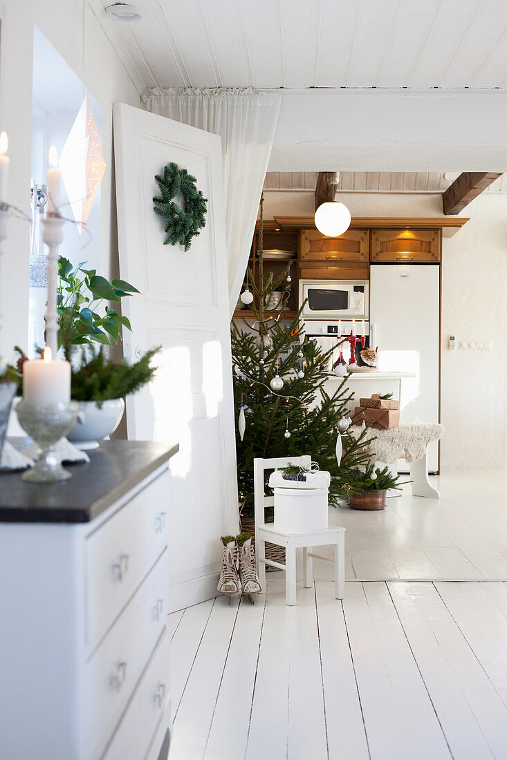 Christmas decorations in rustic dining room