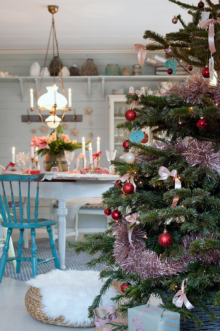 Christmas tree in country-house-style dining room