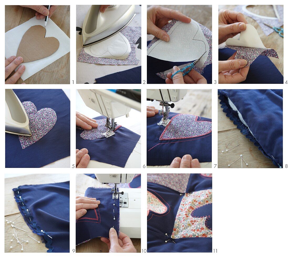 Instructions for sewing a quilt with love-heart motifs