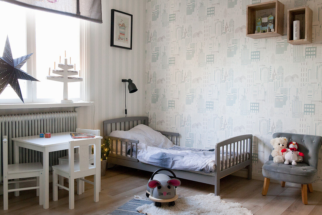Simple child's bedroom in shades of grey