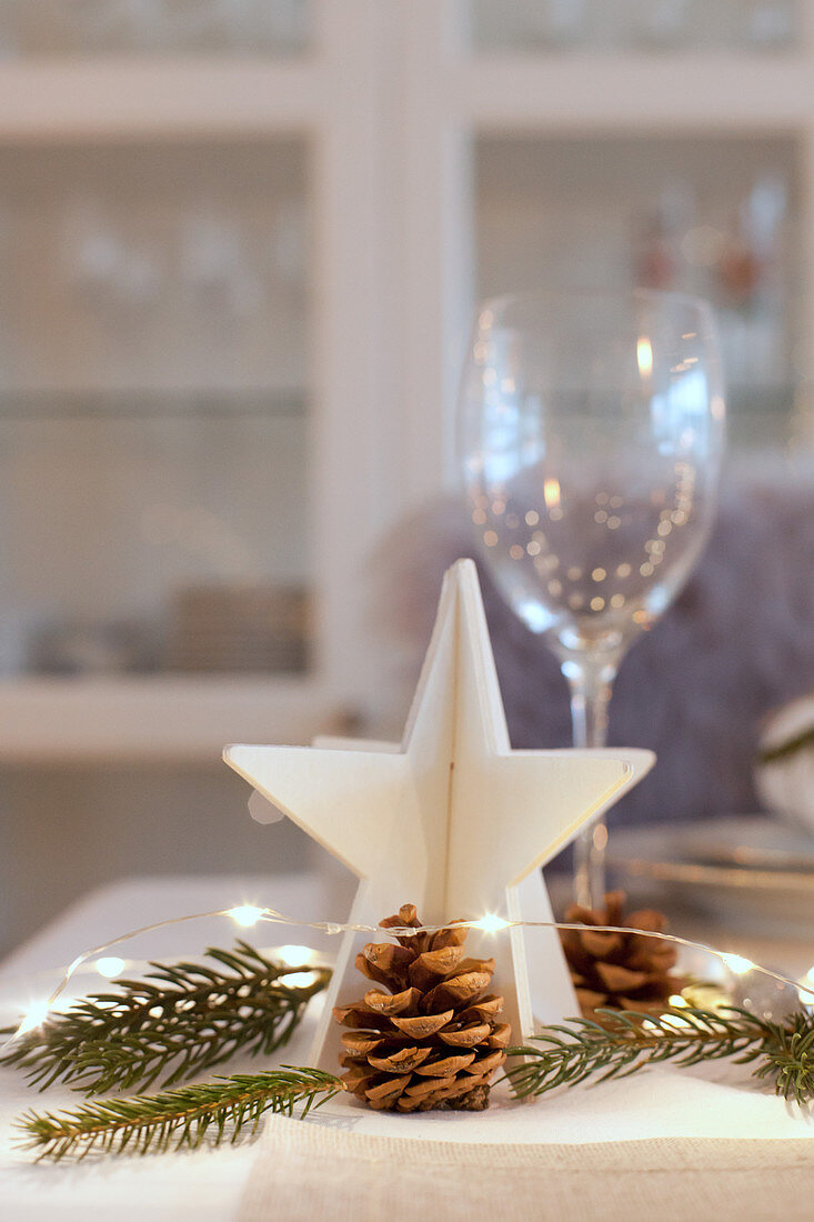 Star, twigs, pine cones and fairy lights decorating table