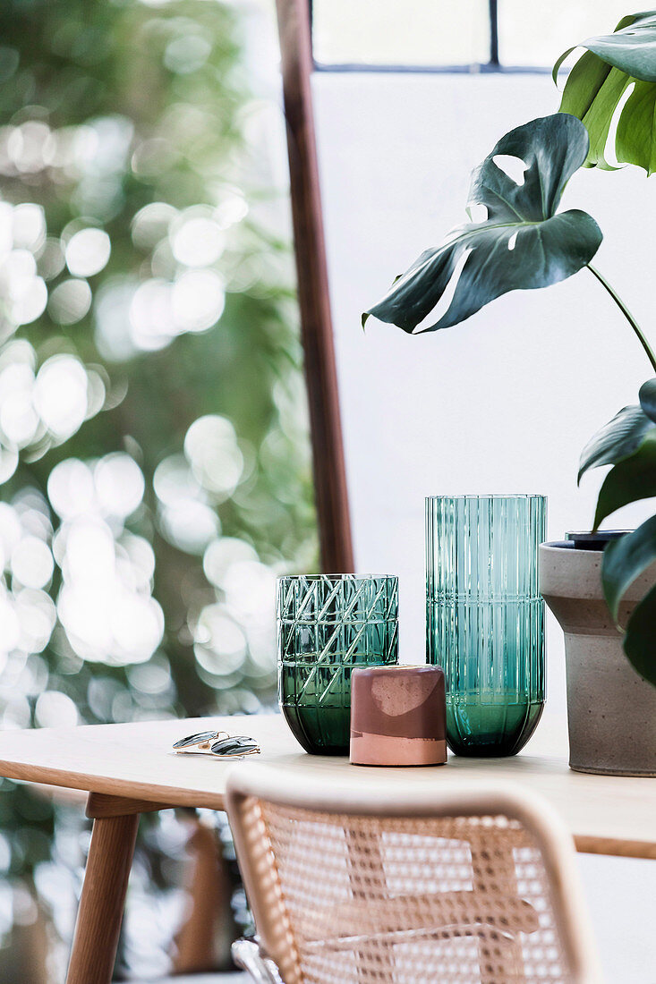 Grüne Vasen mit Relief und Monsterapflanze auf dem Tisch