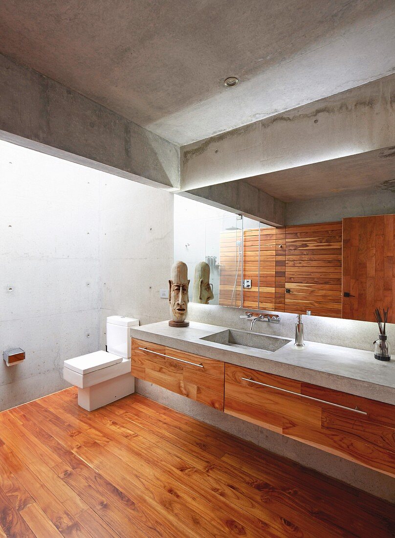 Concrete and wood bathroom in modern architect-designed house