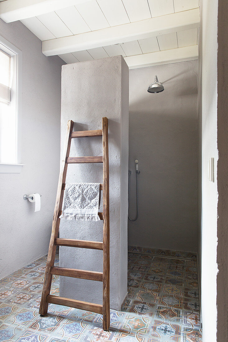 Leiter lehnt an der Raumteilerwand zwischen Toilette und Dusche