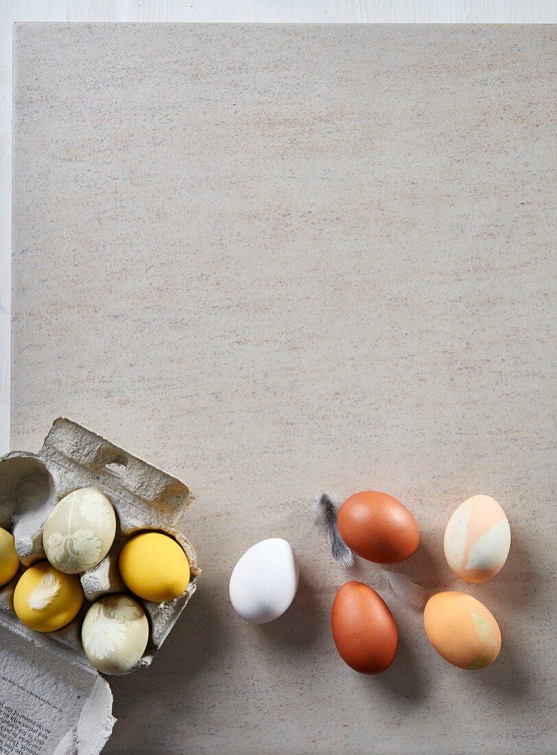 Natürlich gefärbte Ostereier auf Tisch und im Eierkarton