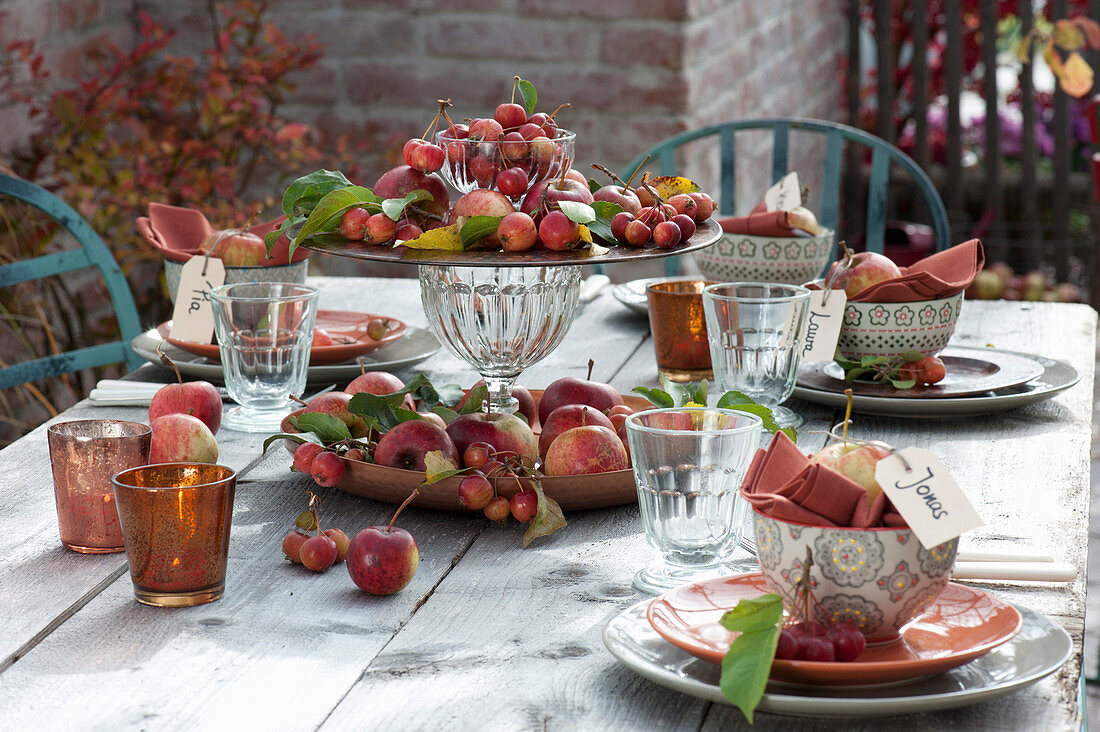 Apple table decoration on autumn terrace