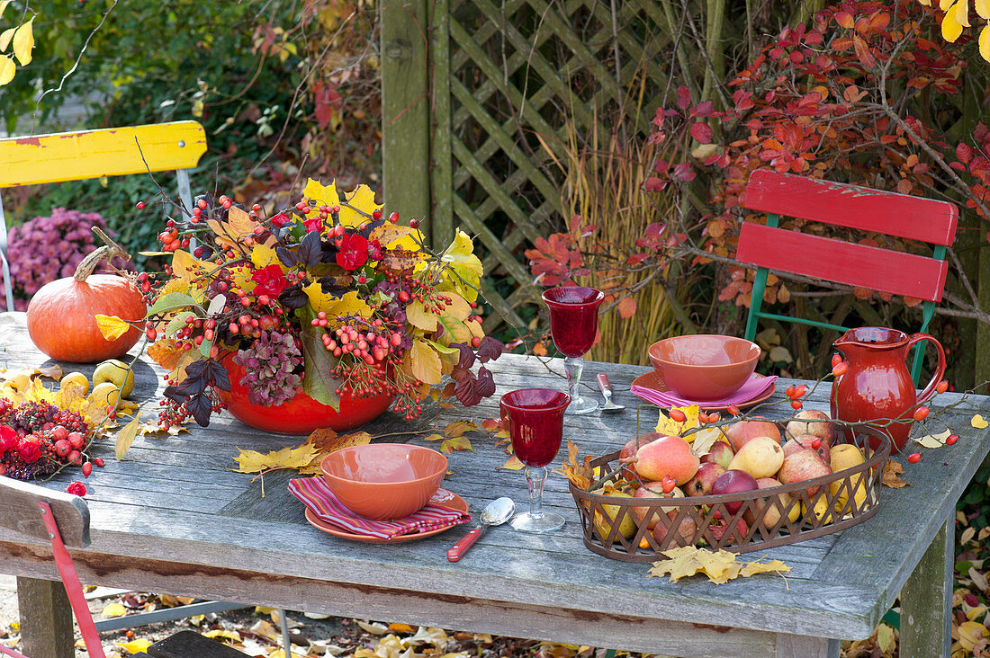 Herbstgesteck aus Zweigen von Amelanchier ( Felsenbirne ), Celastrus