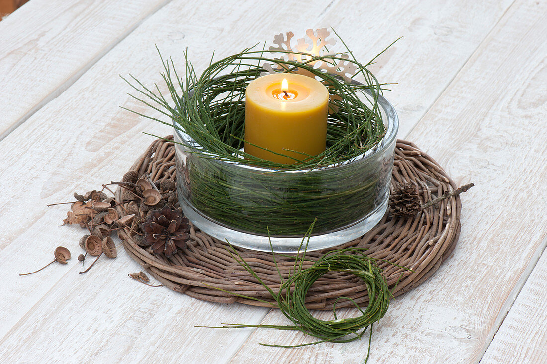 Windlicht mit Kranz aus Zweigen von Cytisus ( Ginster ) im breiten Glas