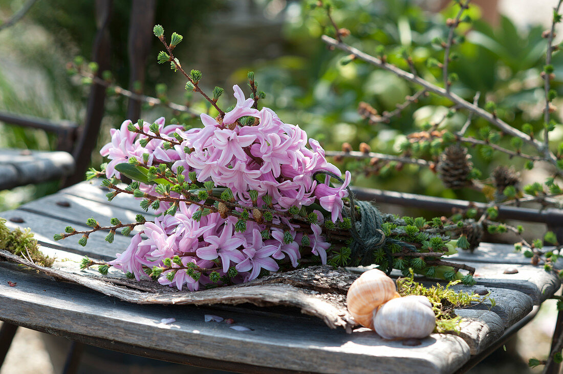 Duftender Strauß aus Hyacinthus 'Pink Pearl' ( Hyazinthen ) und Zweigen