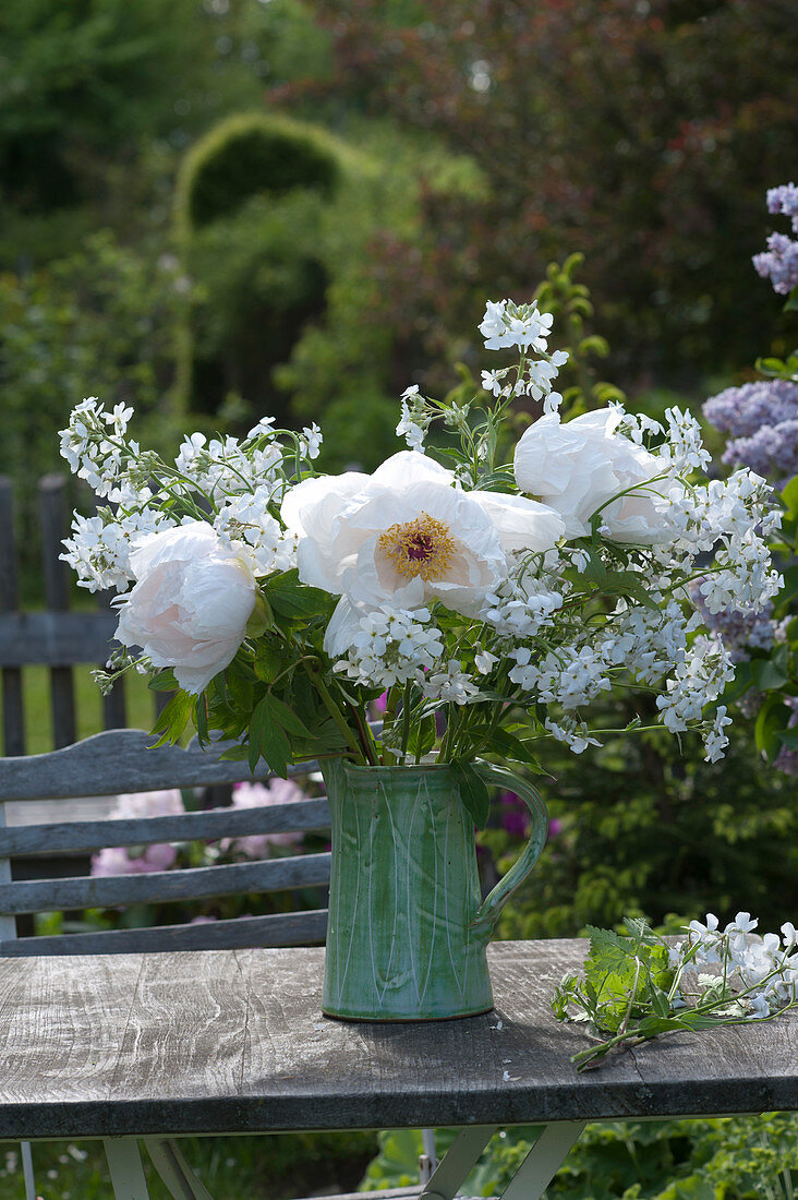 White bouquet with Paeonia suffruticosa 'Sahohime' syn. 'Princess Saho'